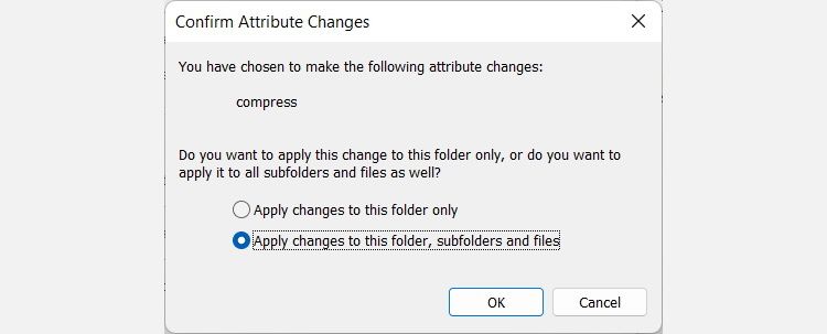 confirming attribute changes for a folder after enabling file compression in windows 11