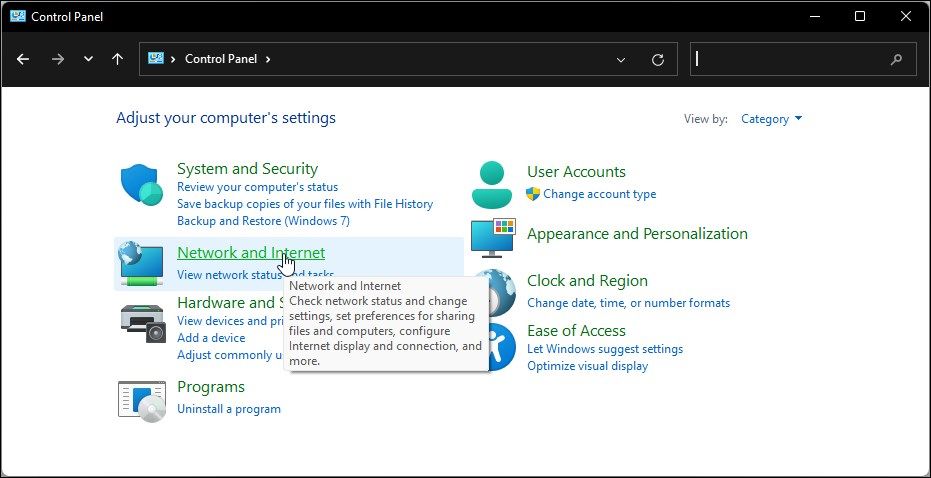 control panel network and internet