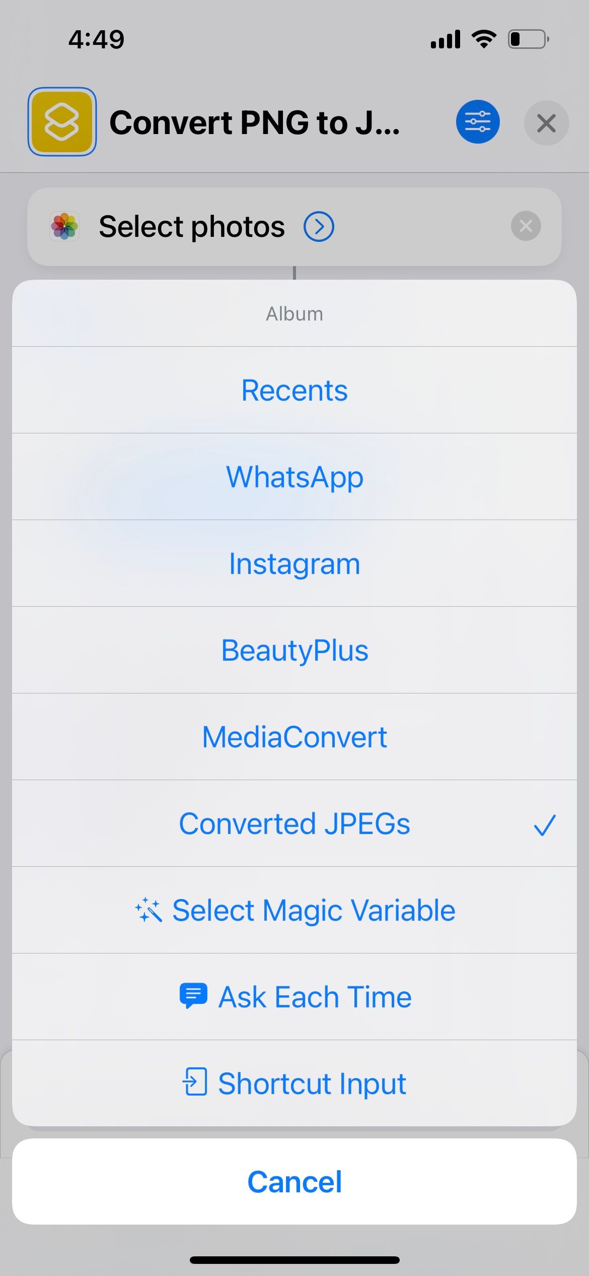 save photos to selected album in iphone shortcuts