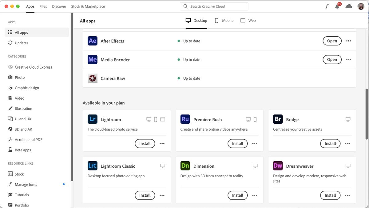 Creative Cloud window showing list of available and already-downloaded apps.