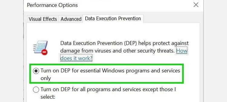 Data execution prevention window