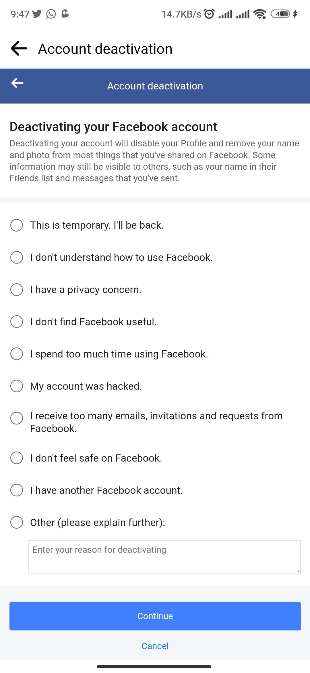 Key reasons for deactivating a Facebook account