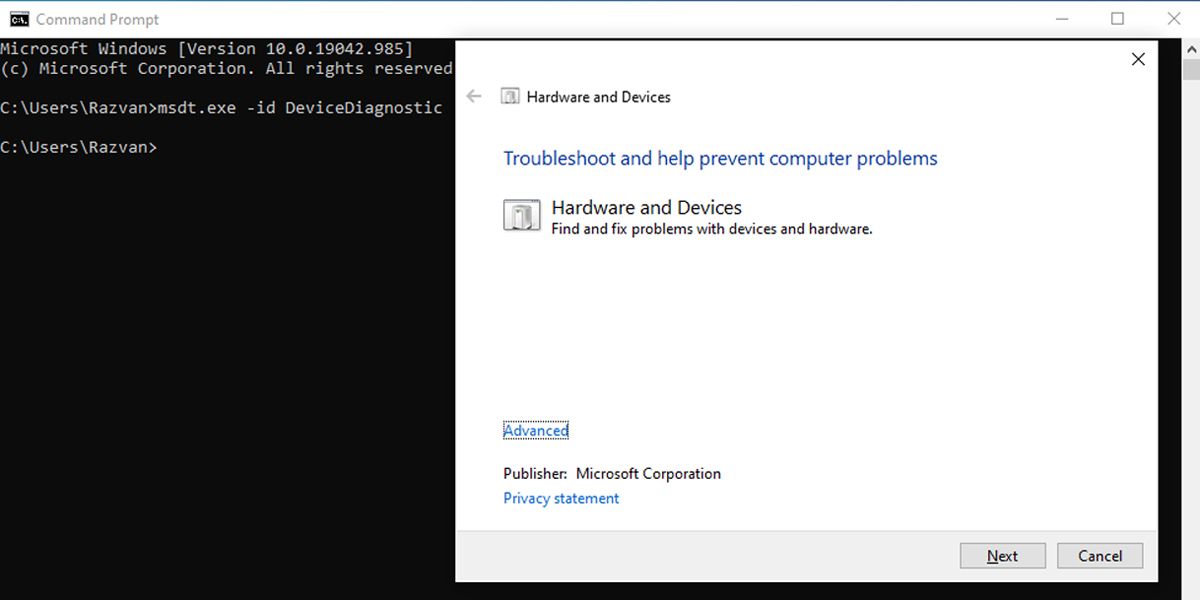Hardware and devices troubleshooter in Windows 10.