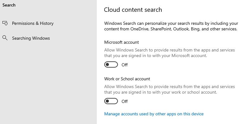cloud content search disabled in Windows 10