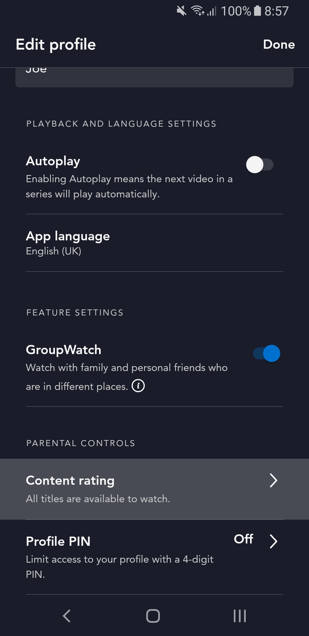 disney+ profile settings on mobile