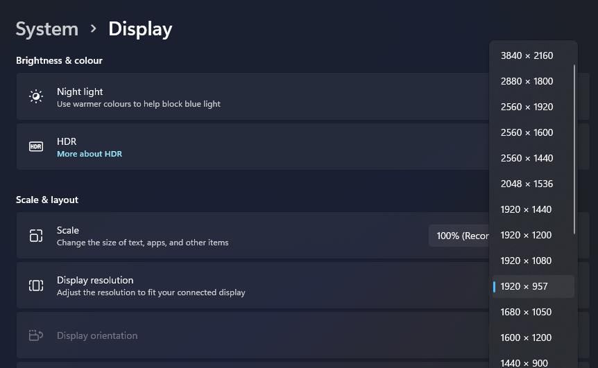 Display resolution settings