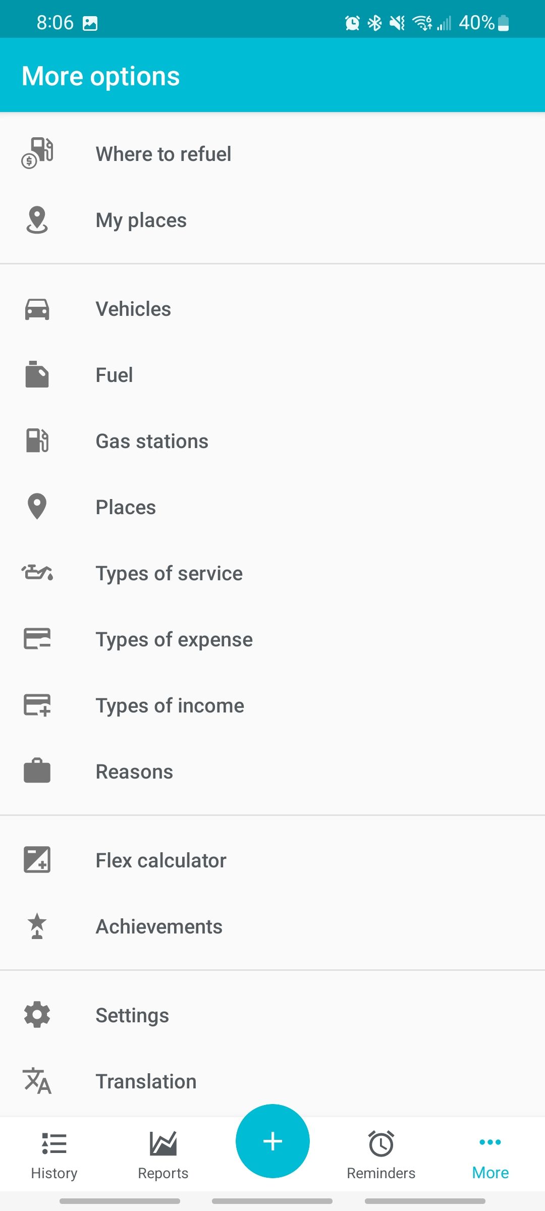 drivvo app more options in settings