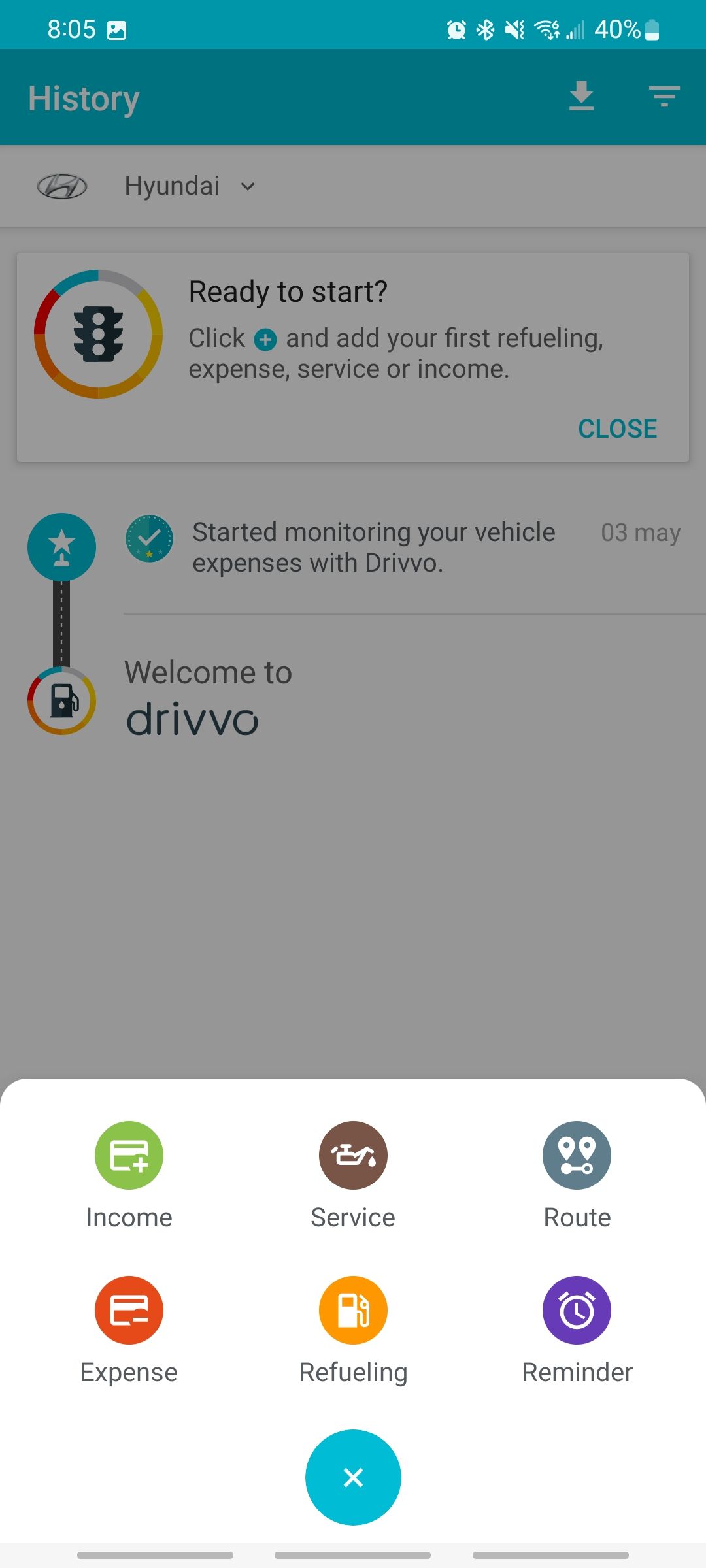 drivvo app quick buttons on the home screen