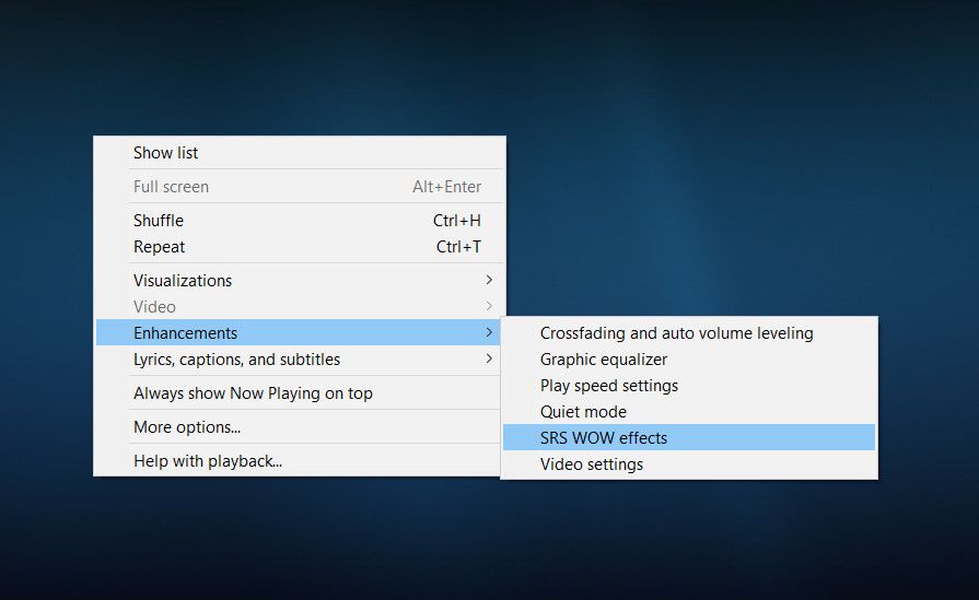 Enhancements option in Windows Media Player