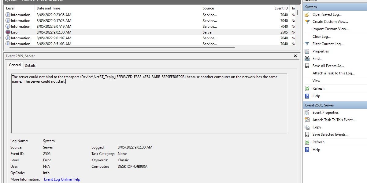 screenshot of event viewer showing event ID 2505