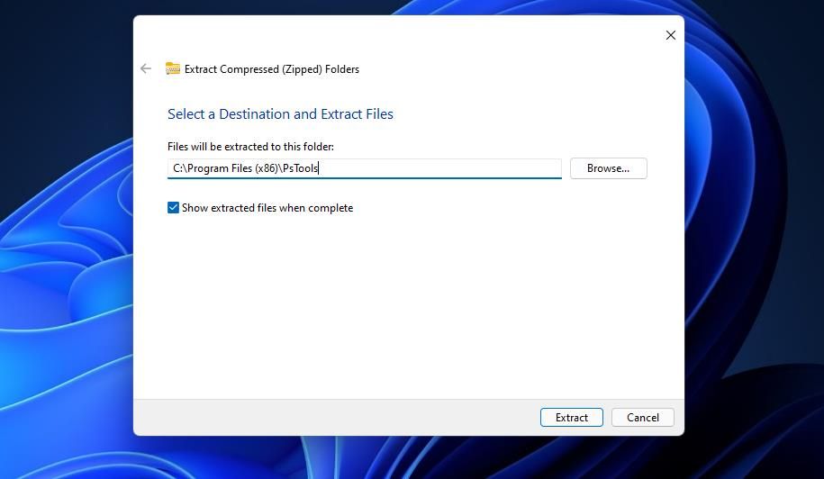 پنجره Extract Compresed (Zipped) Folders