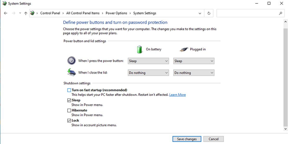 Shut down settings in Windows 10