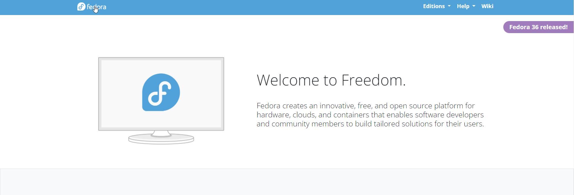 Fedora Website with Fedora 36 Release Announcement Banner