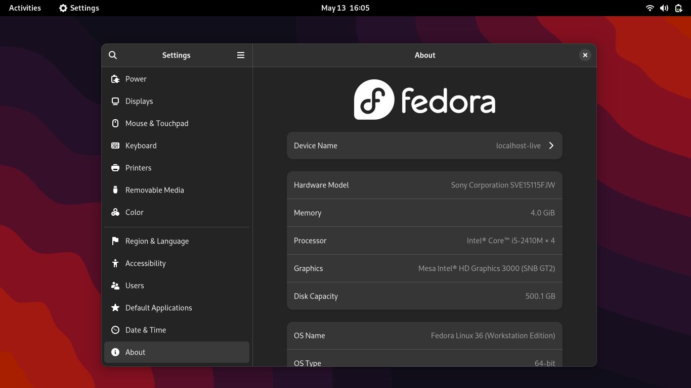 fedora 36 settings menu