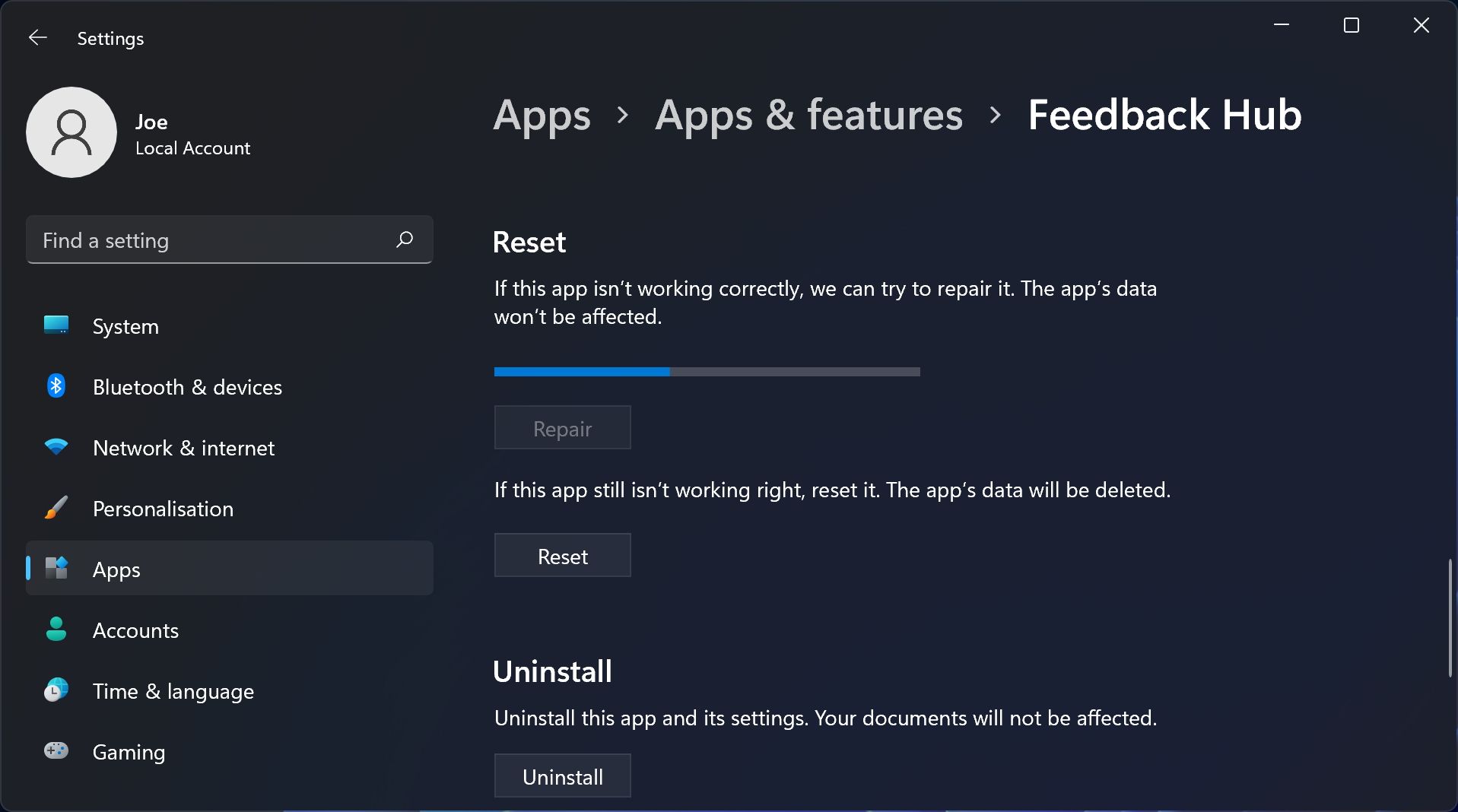 feedback hub reset app windows 11