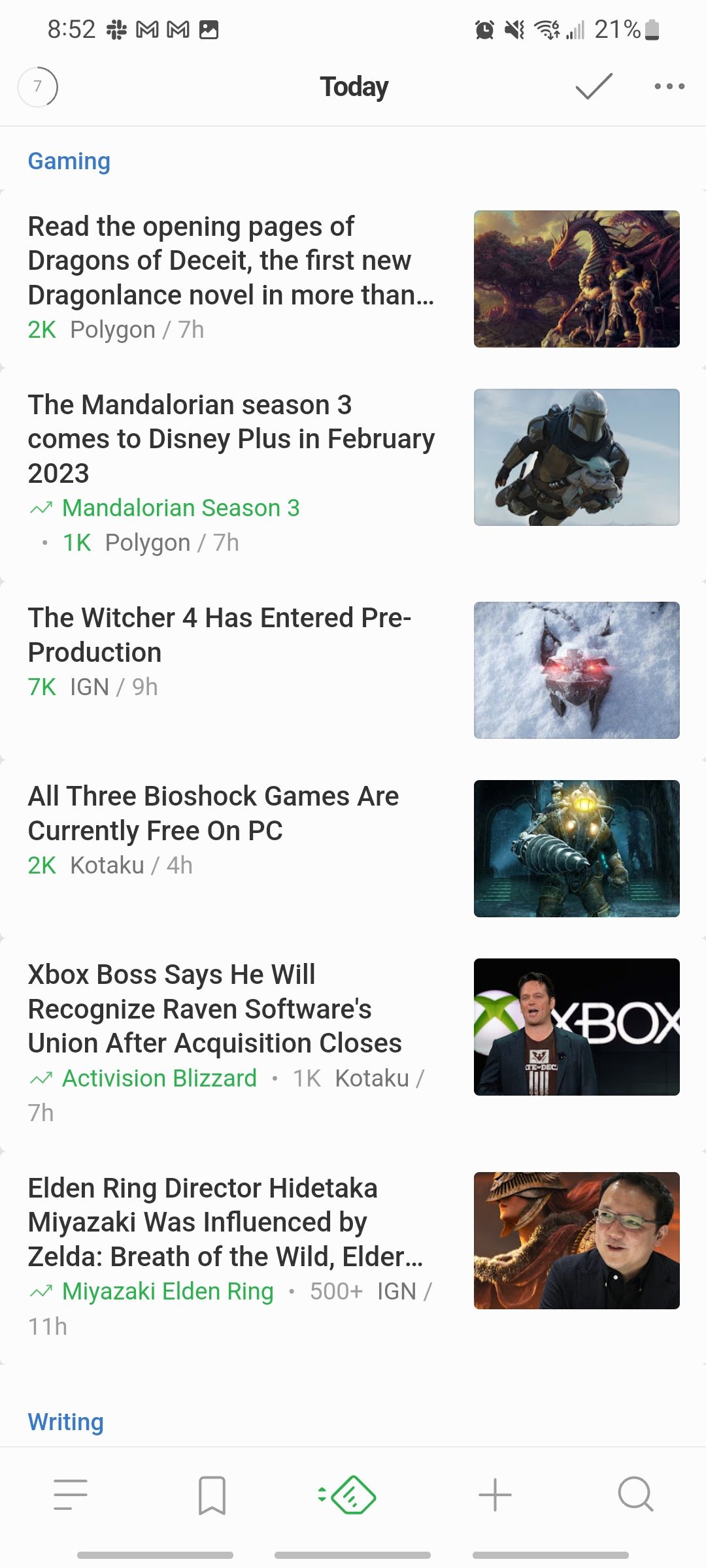 feedly app current day's feed for gaming section