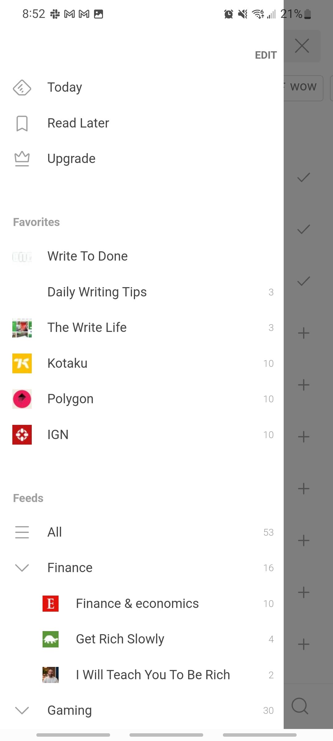 feedly app showing favorites and feeds for easy access