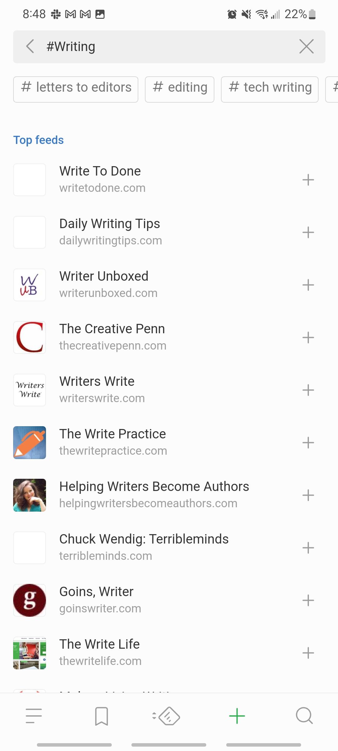 feedly app showing the writing section