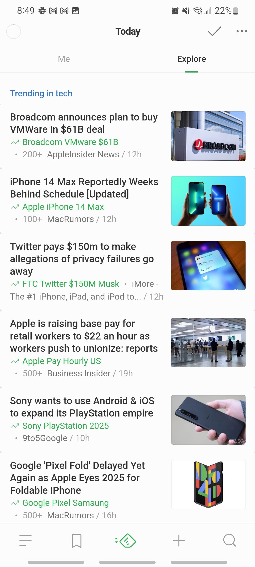 feedly app showing what is trending in the explore tab