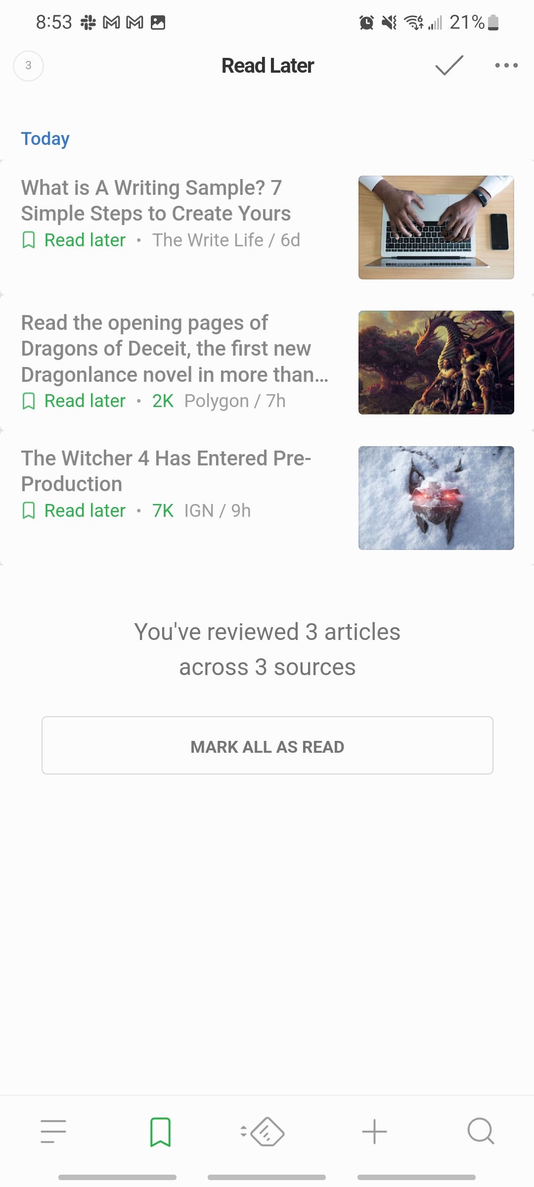 feedly news app articles saved to read later