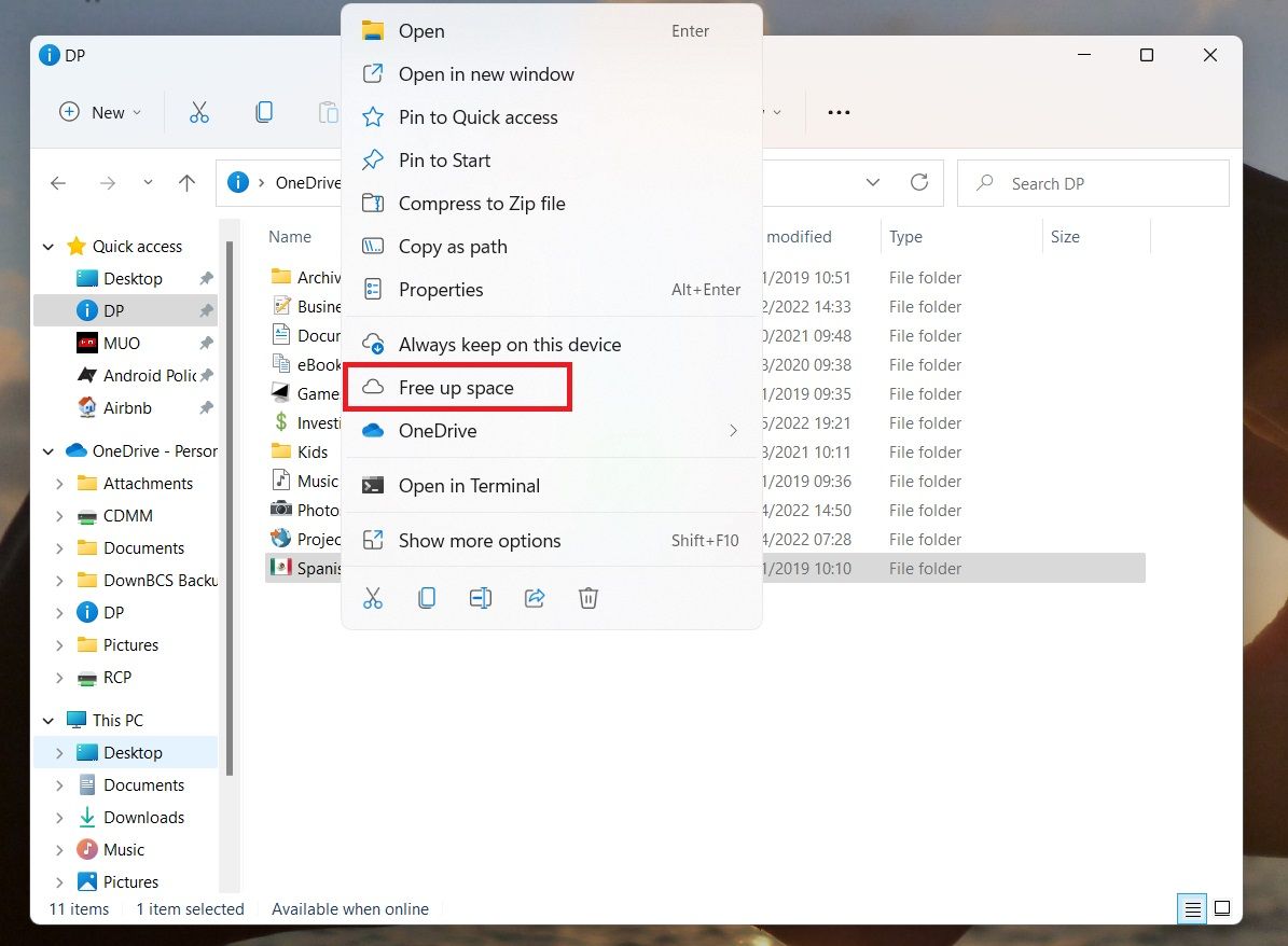 file explorer free up space