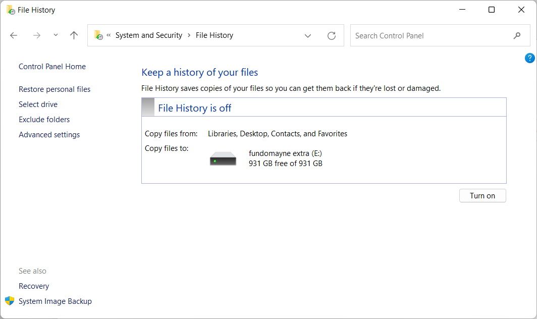 File History page in Windows 11.