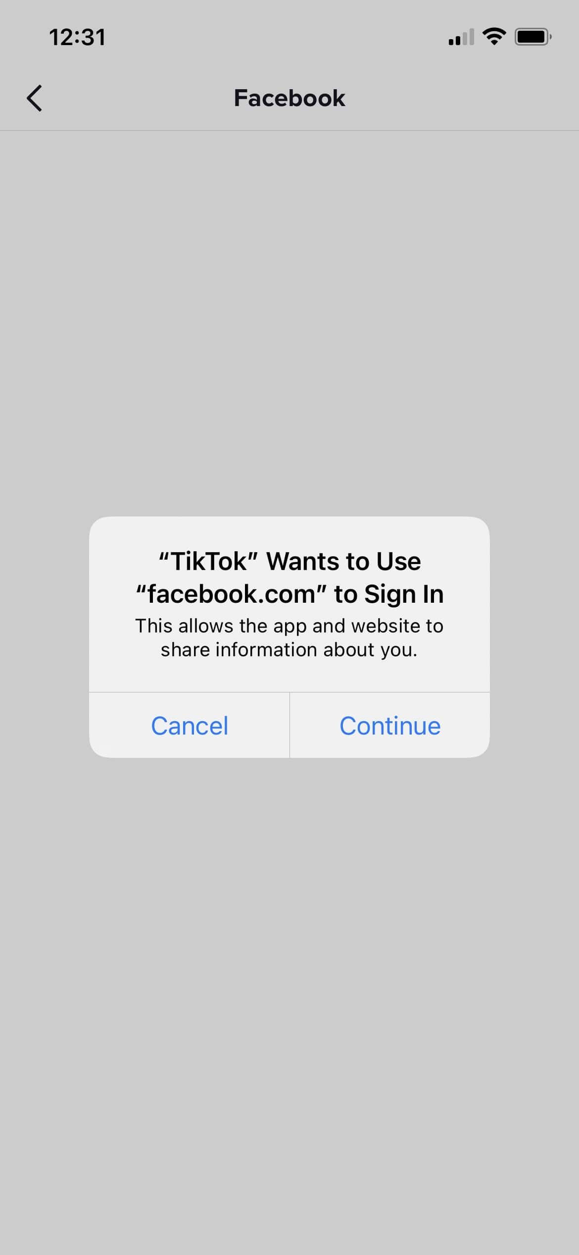 Screenshot of TikTok asking to open Facebook