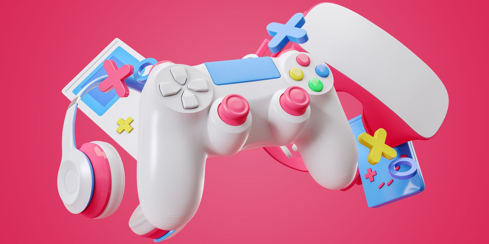 gamepad, headphones, and game console on a pink background