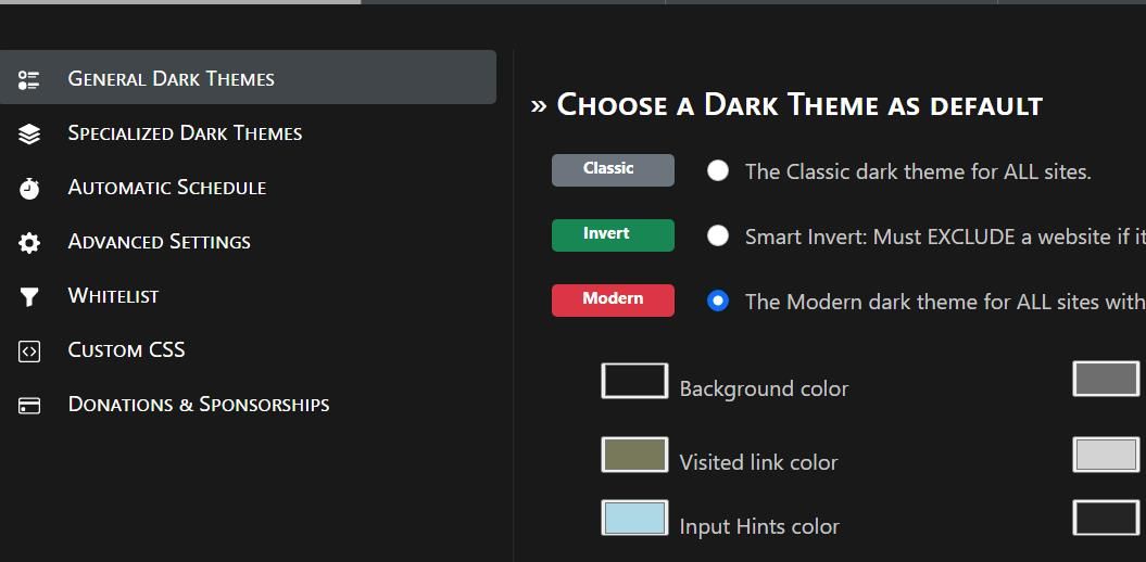 Super Dark Mode's General Dark Theme options 