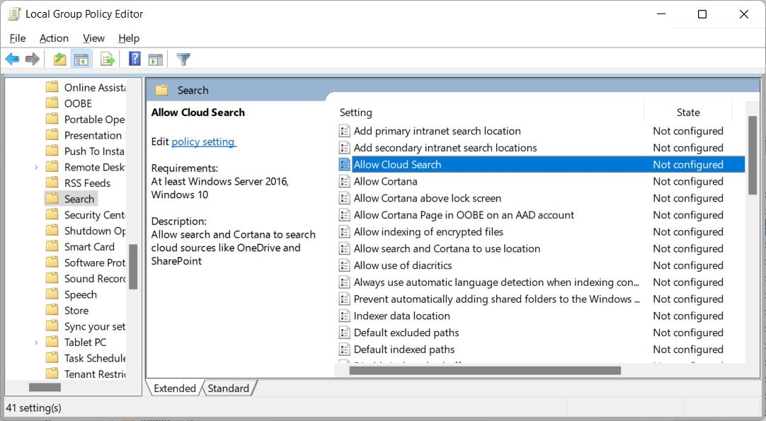 search settings in the local group policy editor with the allow cloud search option highlighted