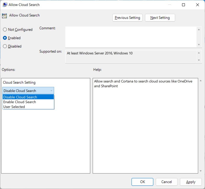 disabling cloud content search in the local group policy editor