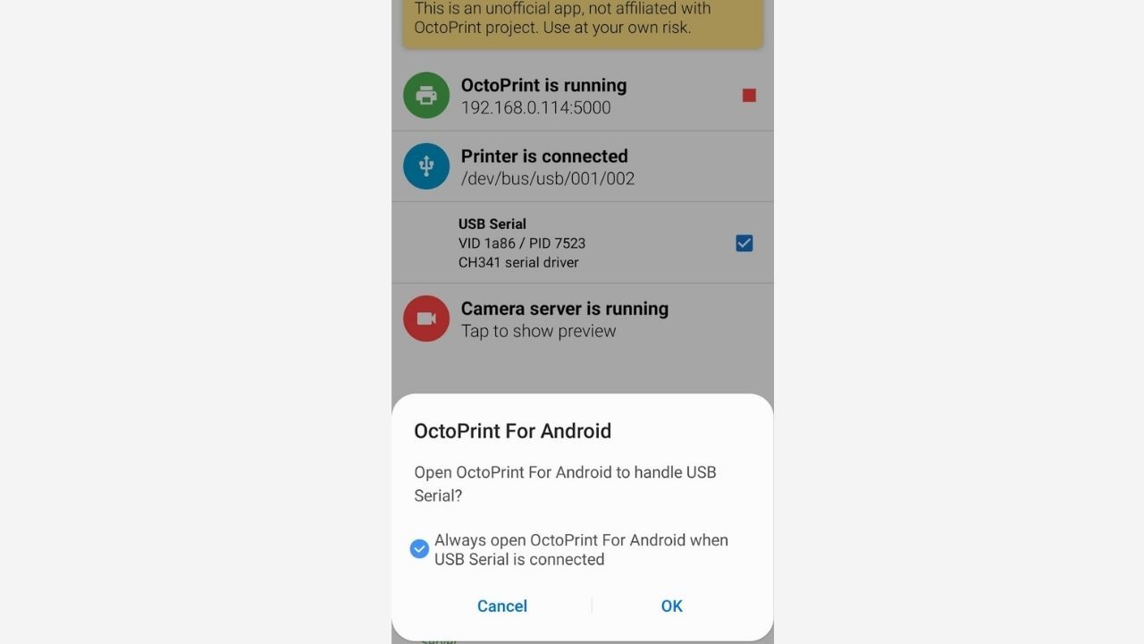 grant permission to access usb serial to connect octoprint android to 3d printer