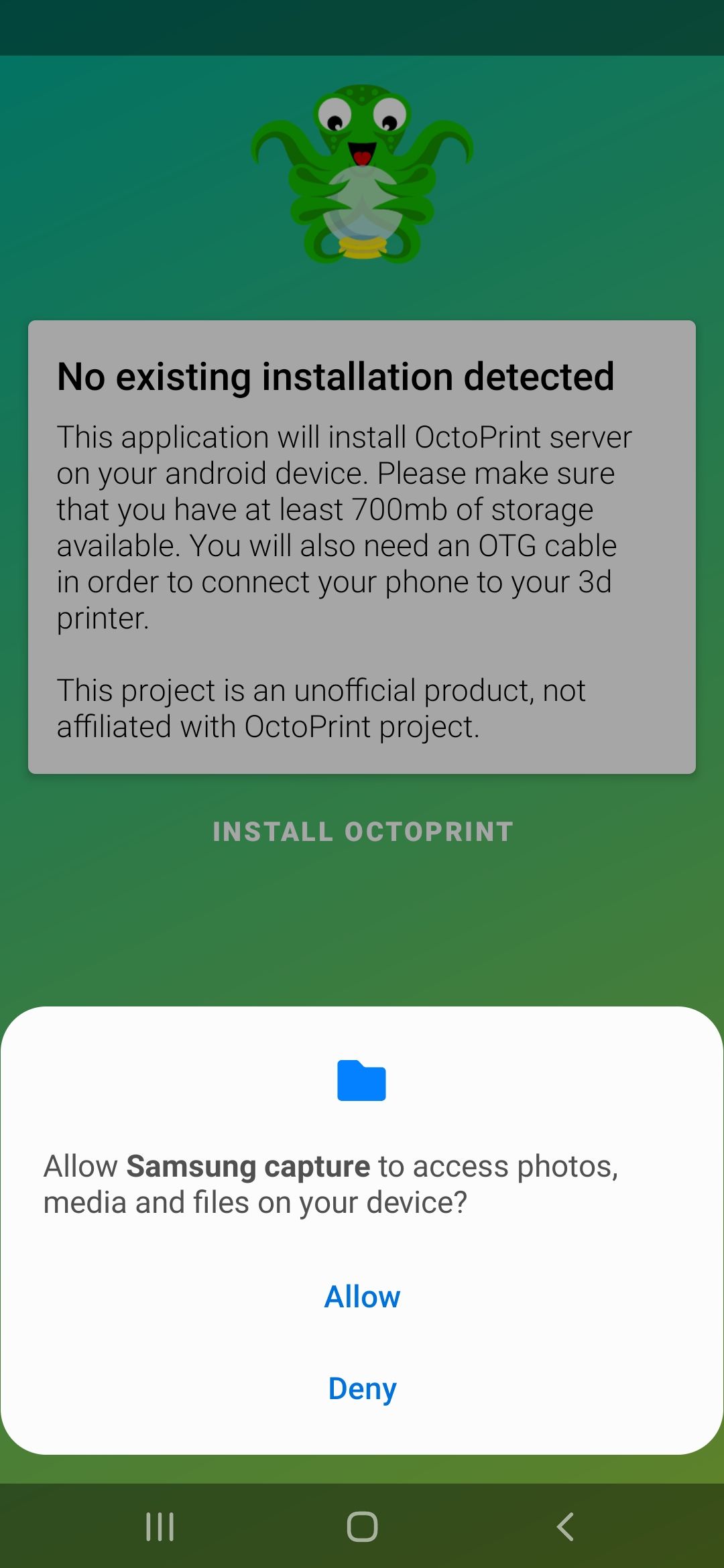 grant permission to octo4a android app