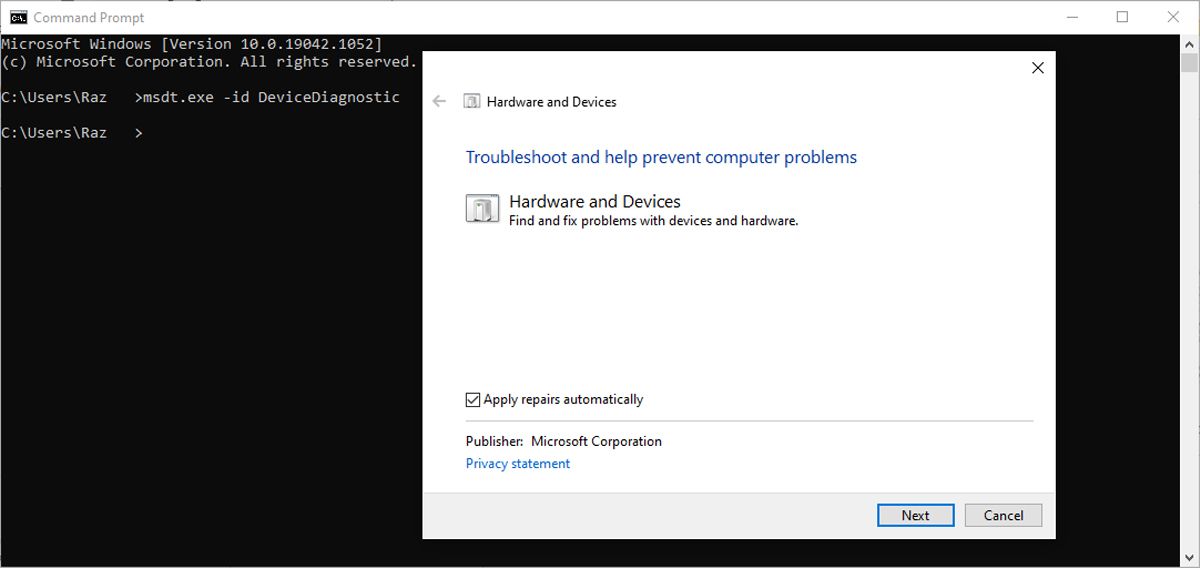 Hardware and devices troubleshooter in Windows 10.