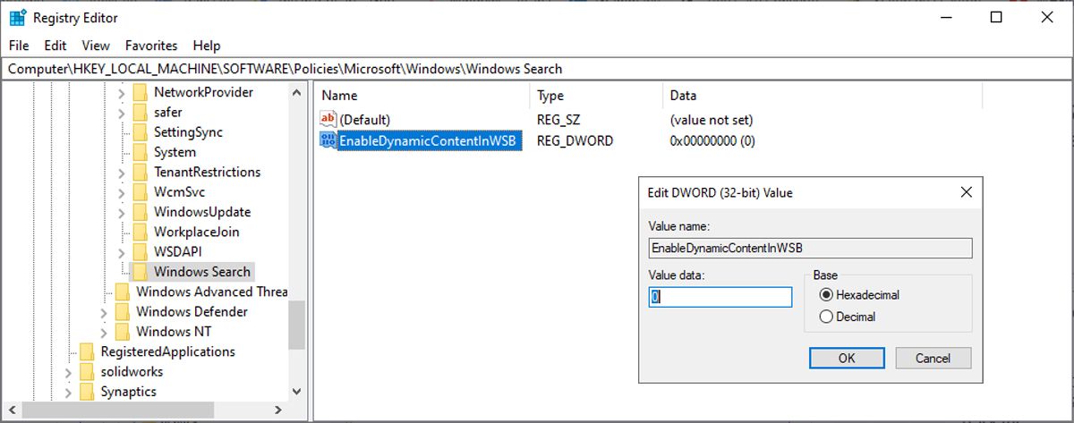 Registry editor in Windows 10