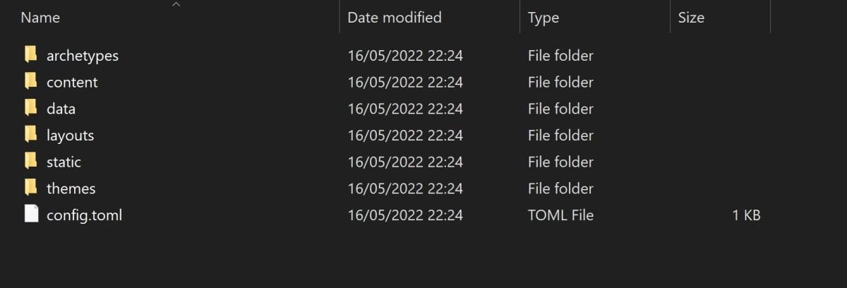File Explorer open to view Hugo file and folder structure