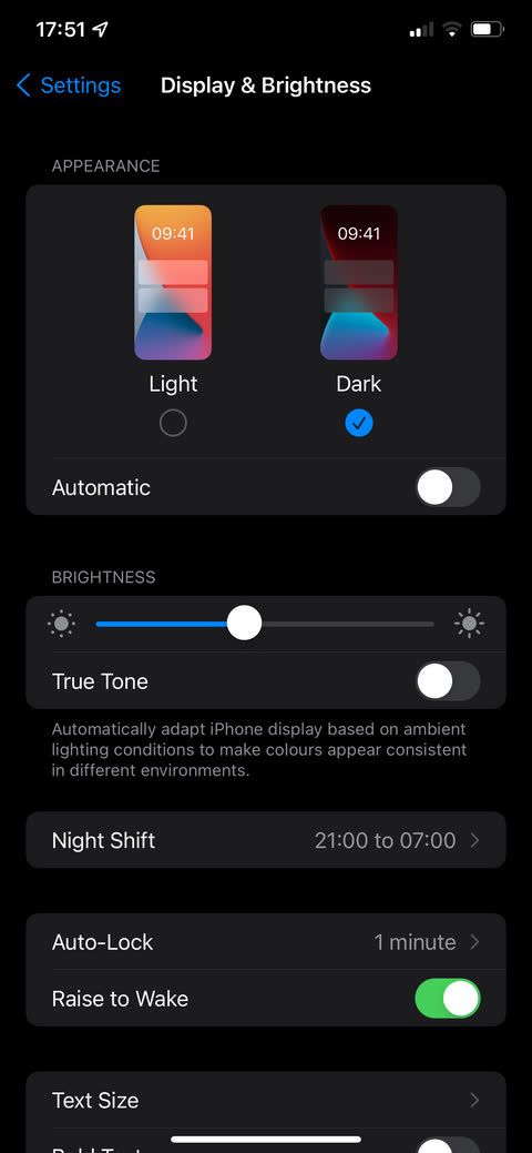 iPhone Display Settings Screenshot
