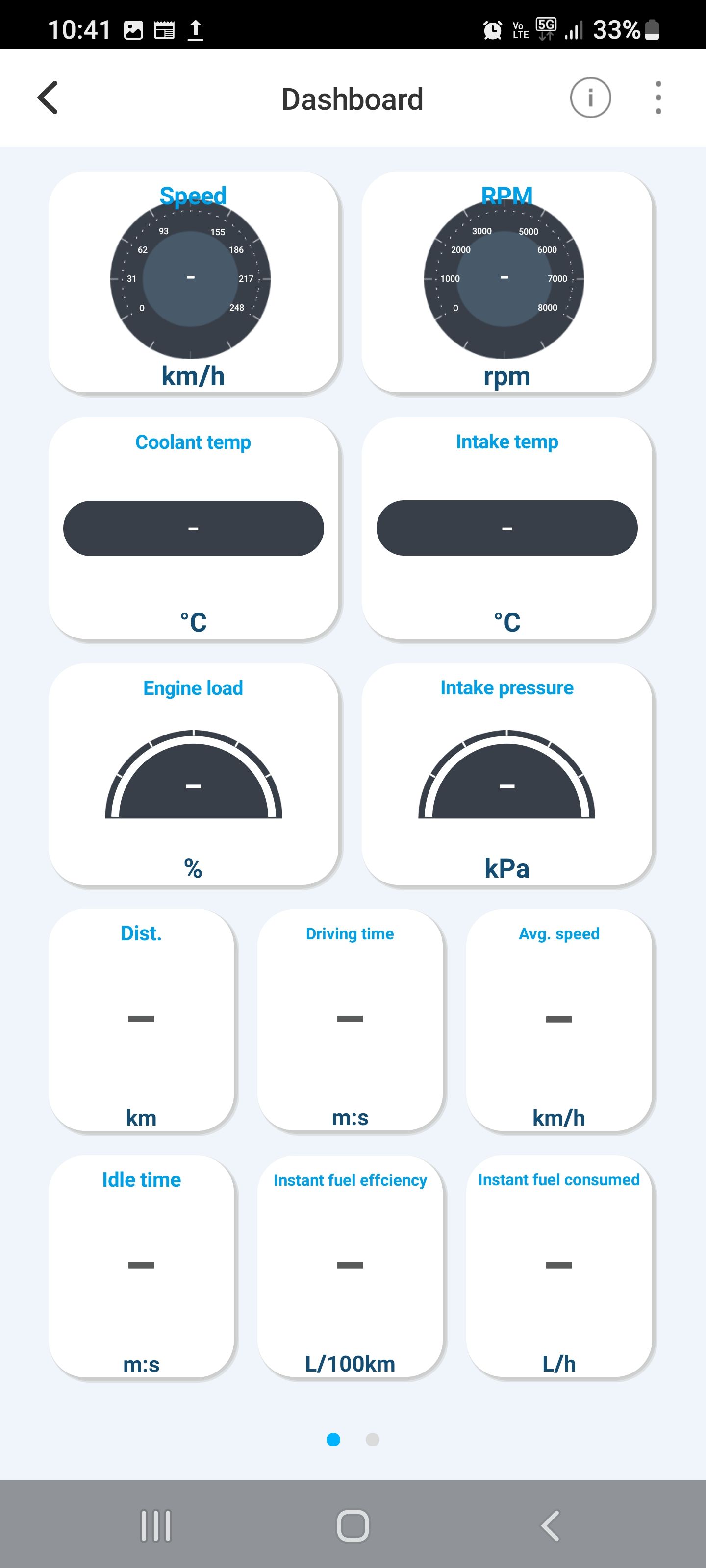 Infocar app screenshot showing virtual dashboard