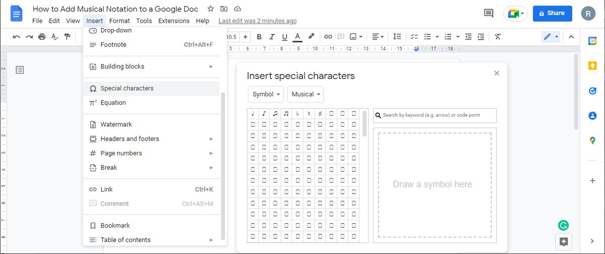 Google docs special characters menu
