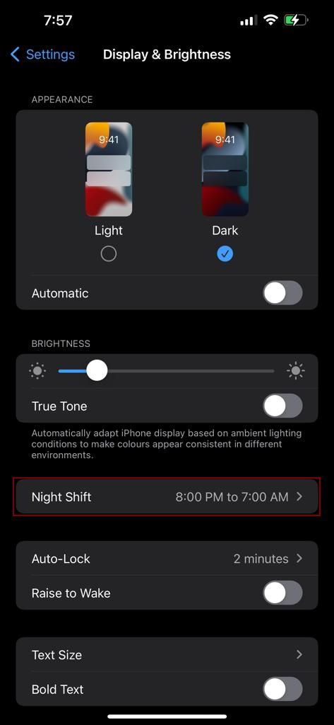 Screenshot of iPhone's night shift settings