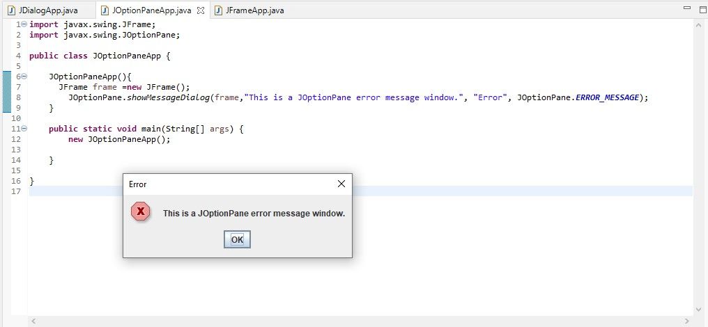 JOptionPane error message window