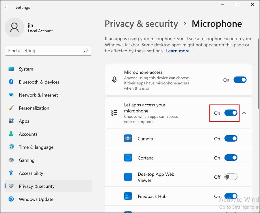 Microphone access settings for apps