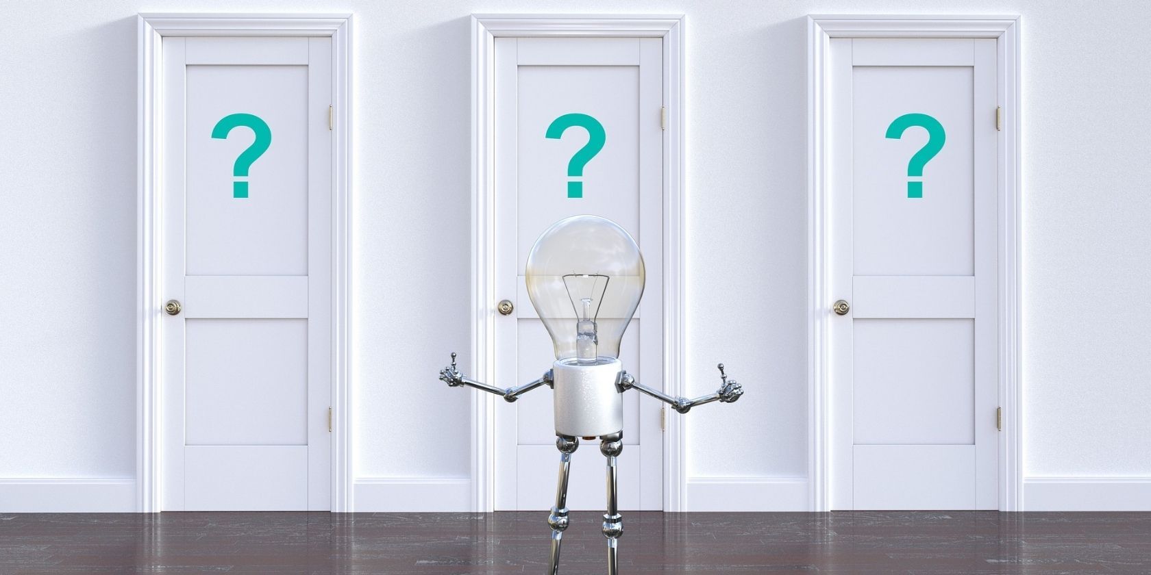 A lightbulb figure standing in front of three doors with question marks on them.