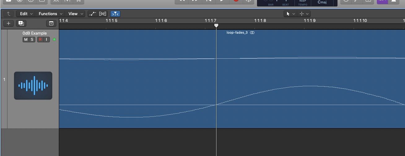 A screenshot of logic showing the point when the audio waveform crosses the horizontal 0dB line.