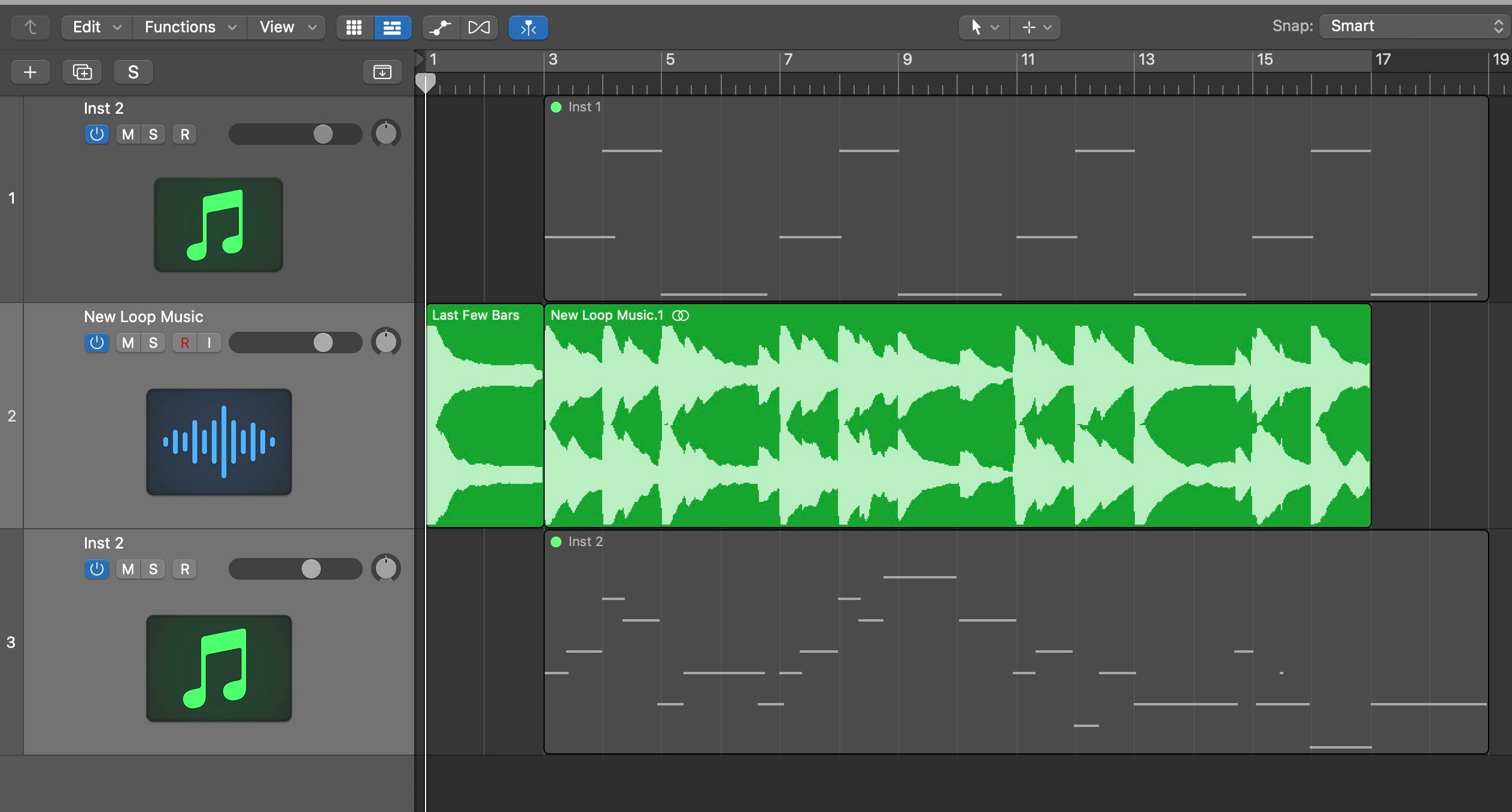 A screenshot of Logic editing timeline with the last few bars cut and moved to the start of the track.