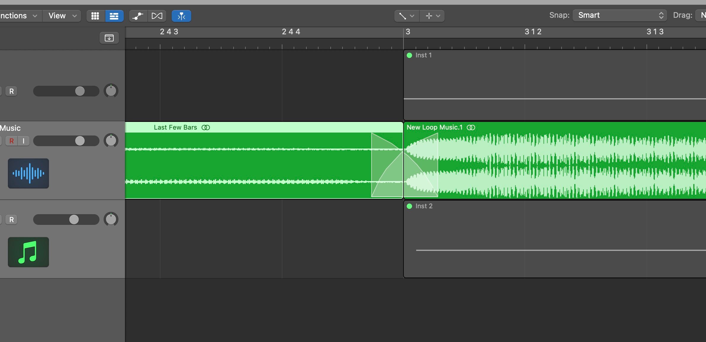 A screenshot of Logic showing a crossfade between two tracks.