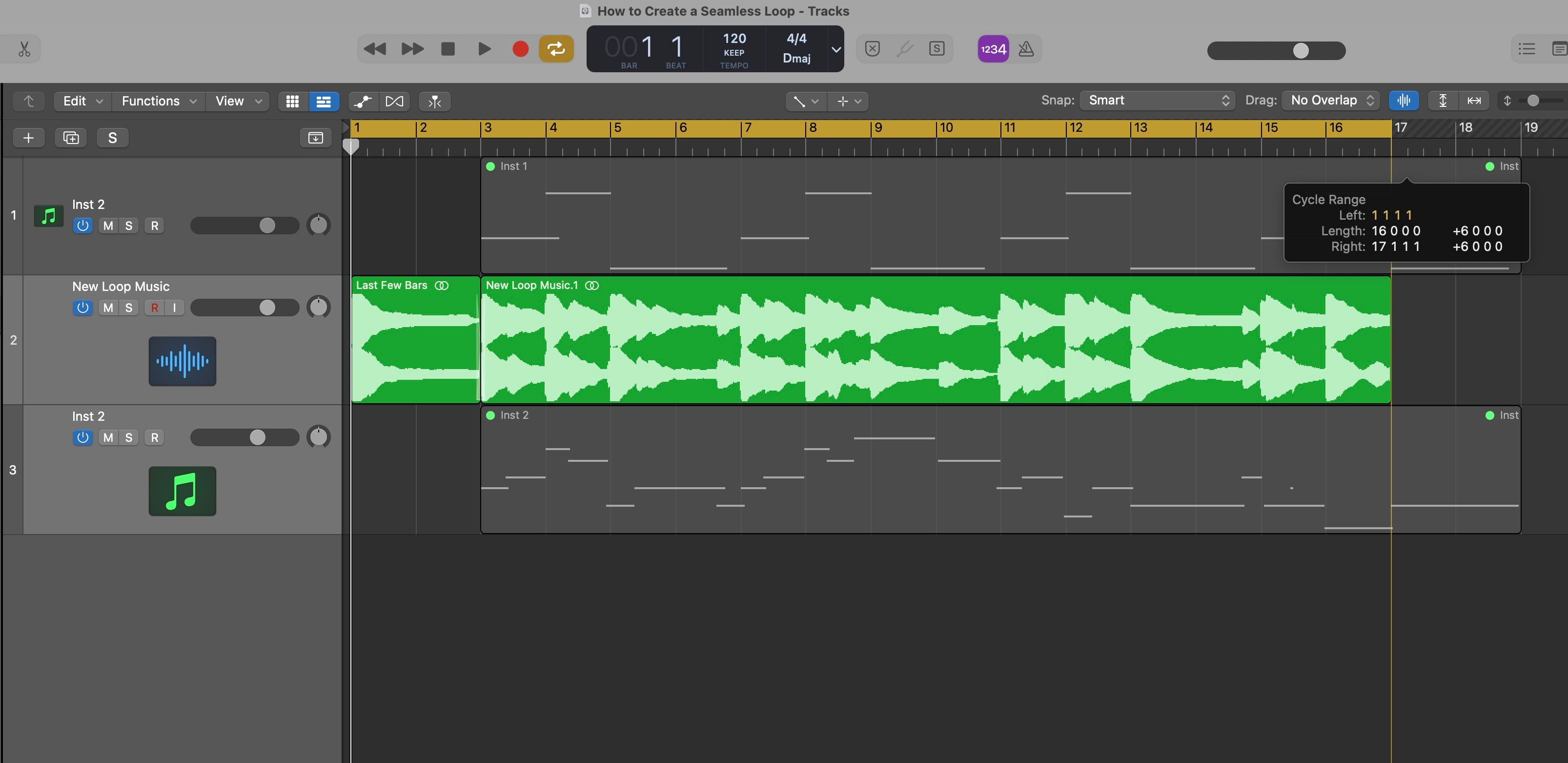 A screenshot of a yellow loop region across the editing timeline in Logic.