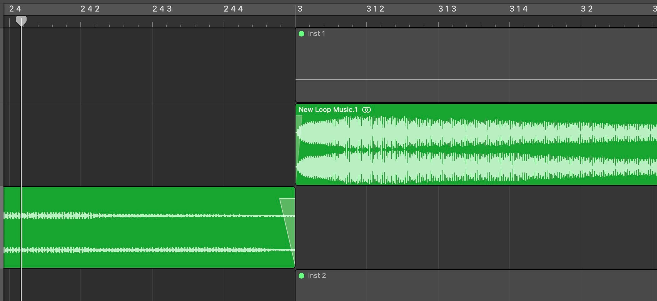 A screenshot of Logic showing tiny fades at the end and start of two audio clips that are back-to-back.