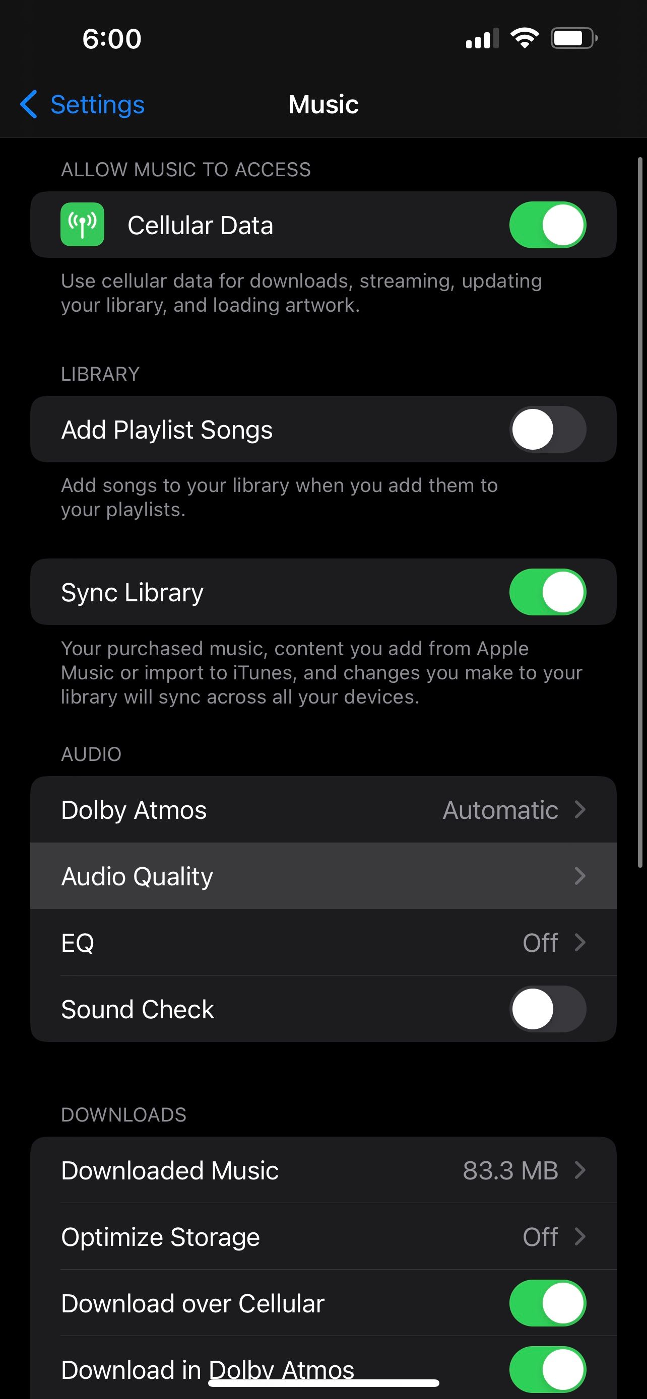 Dolby Atmos and Lossless Audio settings for Apple Music