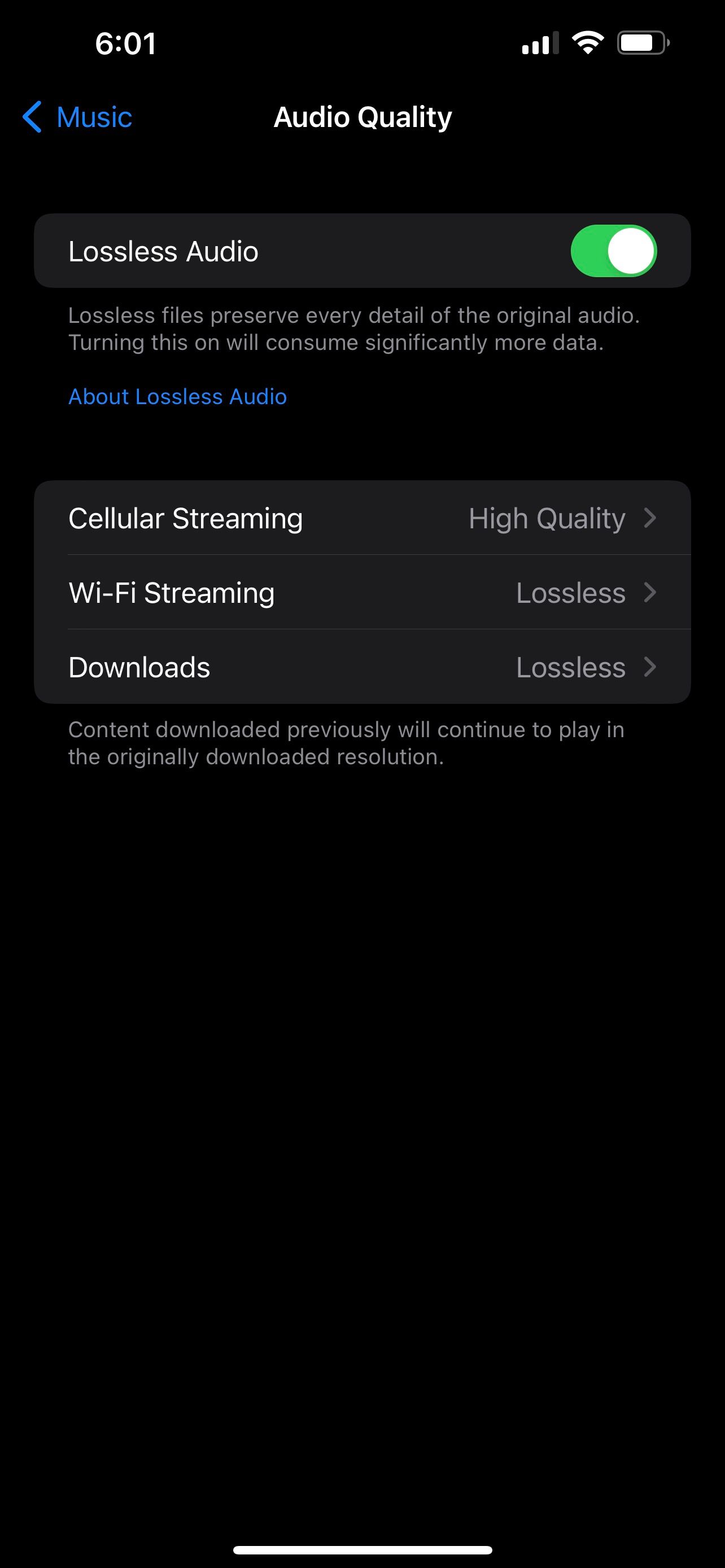 Lossless audio quality setting for Apple Music